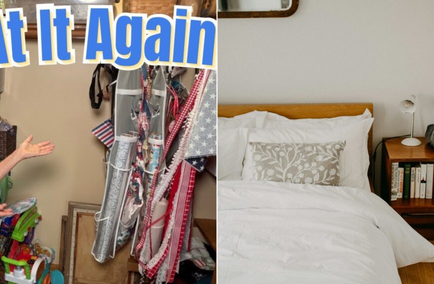 A cozy guest bedroom with a neatly made bed and a bedside table.