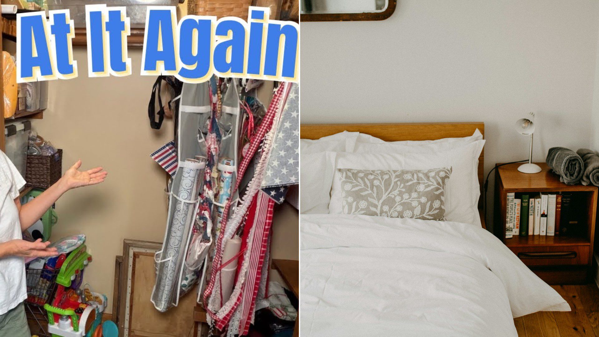 A cozy guest bedroom with a neatly made bed and a bedside table.