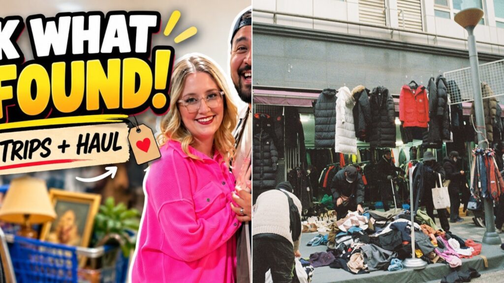 Shoppers browsing racks and piles of clothing at an outdoor market.