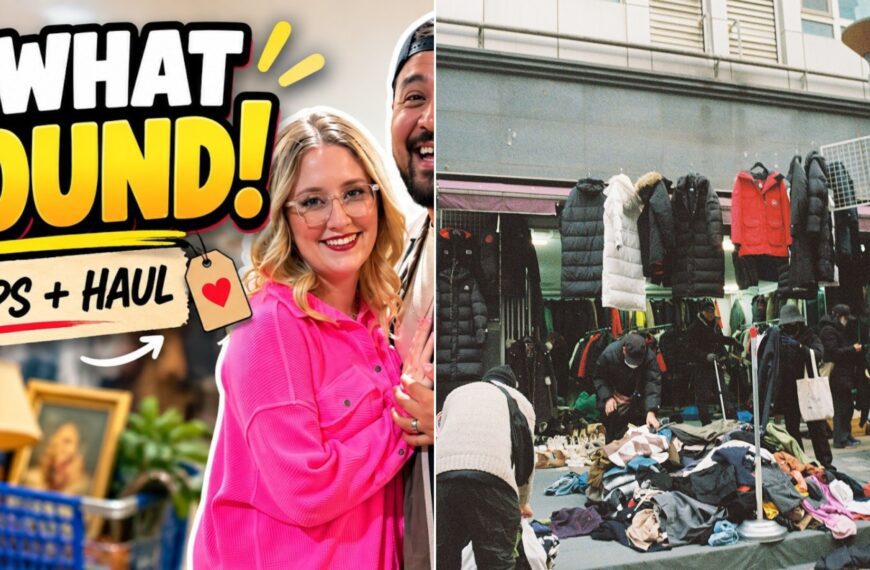 Shoppers browsing racks and piles of clothing at an outdoor market.