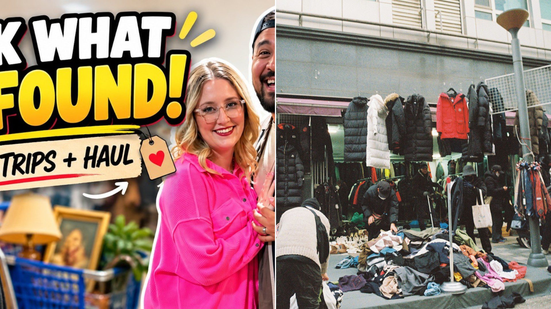Shoppers browsing racks and piles of clothing at an outdoor market.