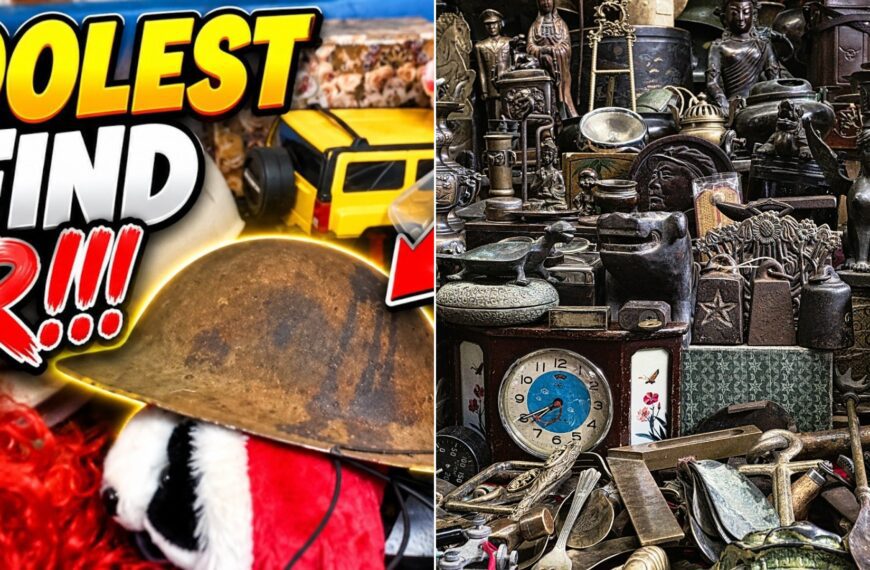 Shelves of antique clocks and figurines at a flea market.