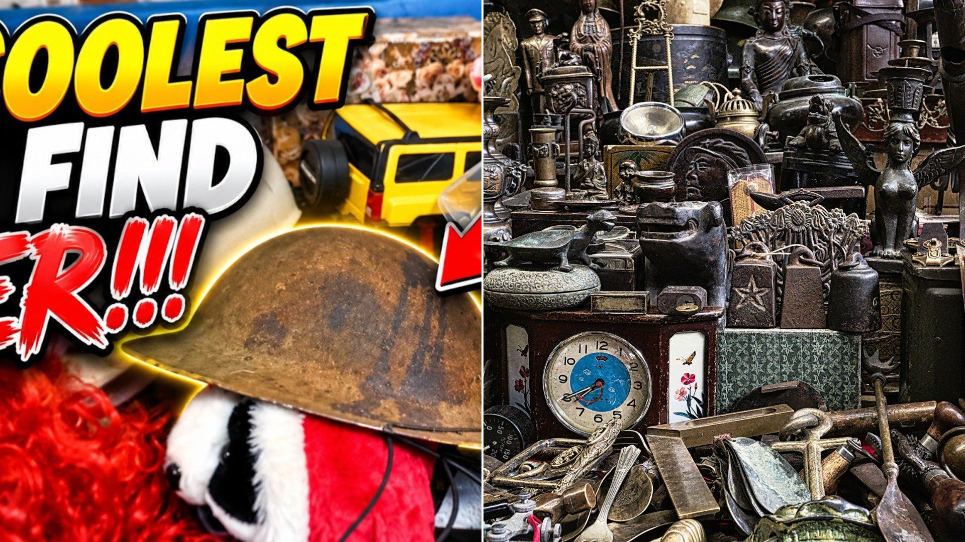 Shelves of antique clocks and figurines at a flea market.