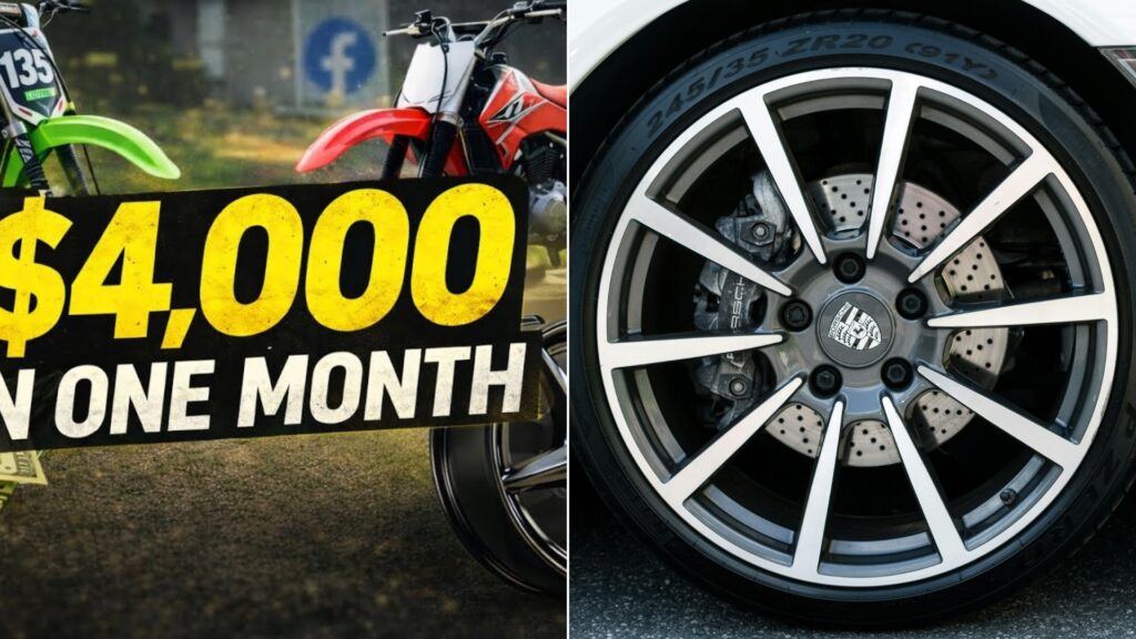 A flipping video cover about a Marketplace find beside a close view of a polished alloy car wheel.