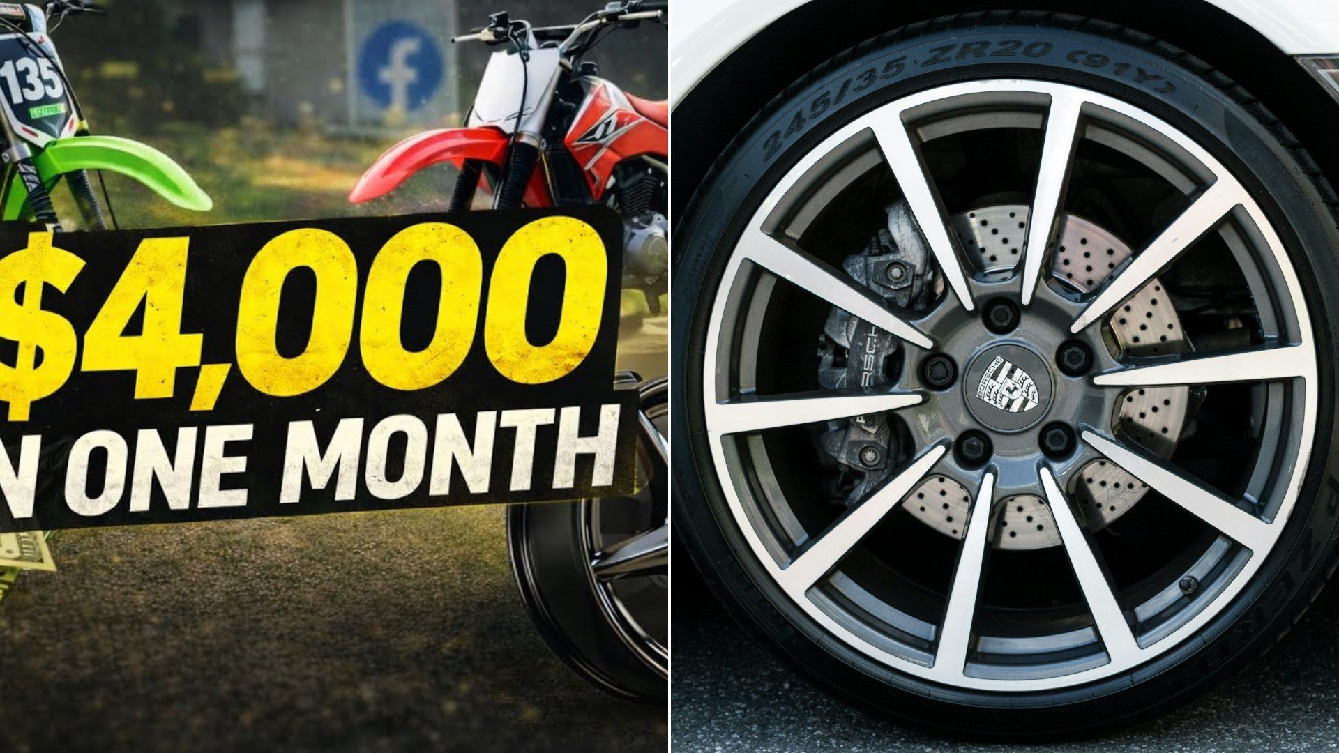 A flipping video cover about a Marketplace find beside a close view of a polished alloy car wheel.