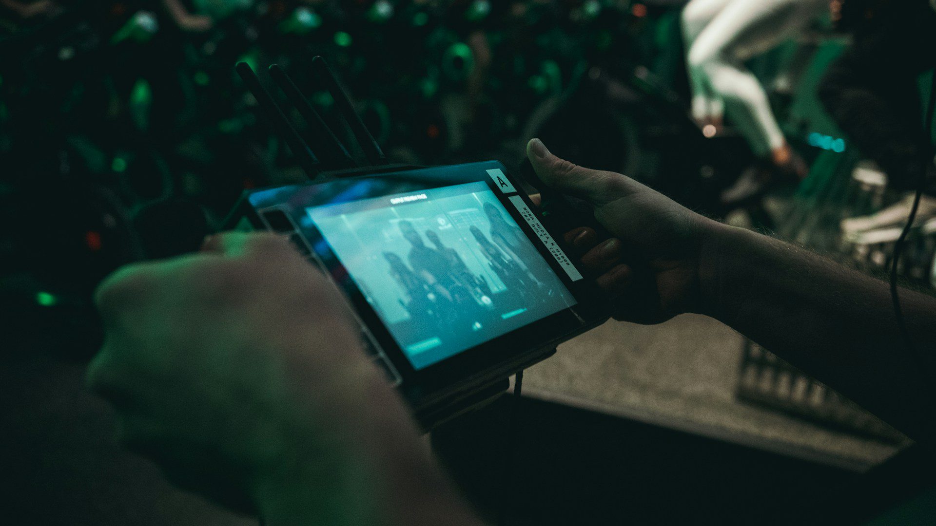 A person playing a game on a handheld device.