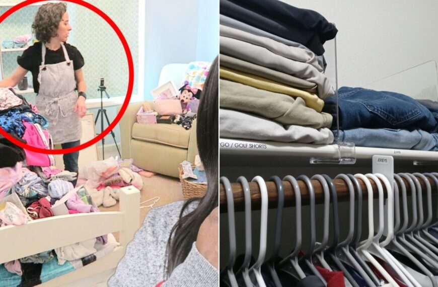 Neatly folded clothes on closet shelves and hangers.