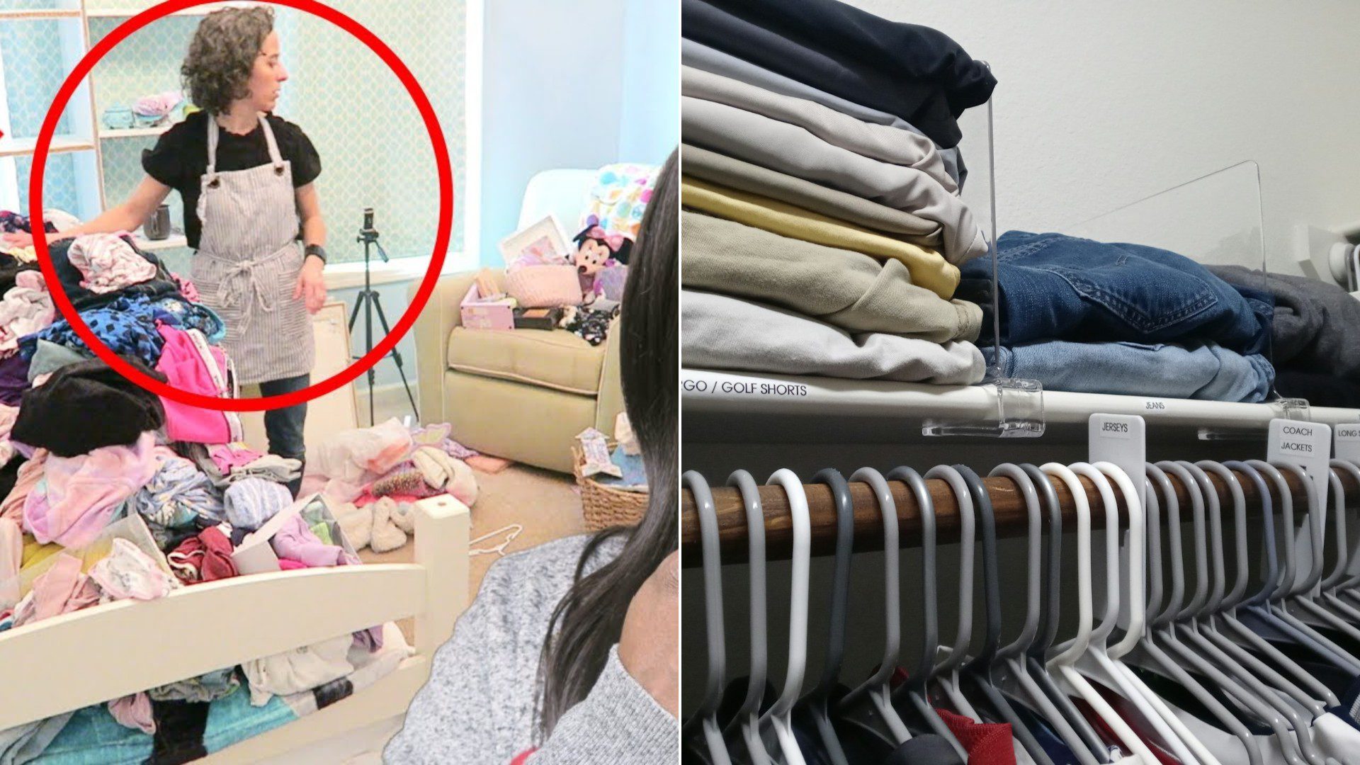 Neatly folded clothes on closet shelves and hangers.