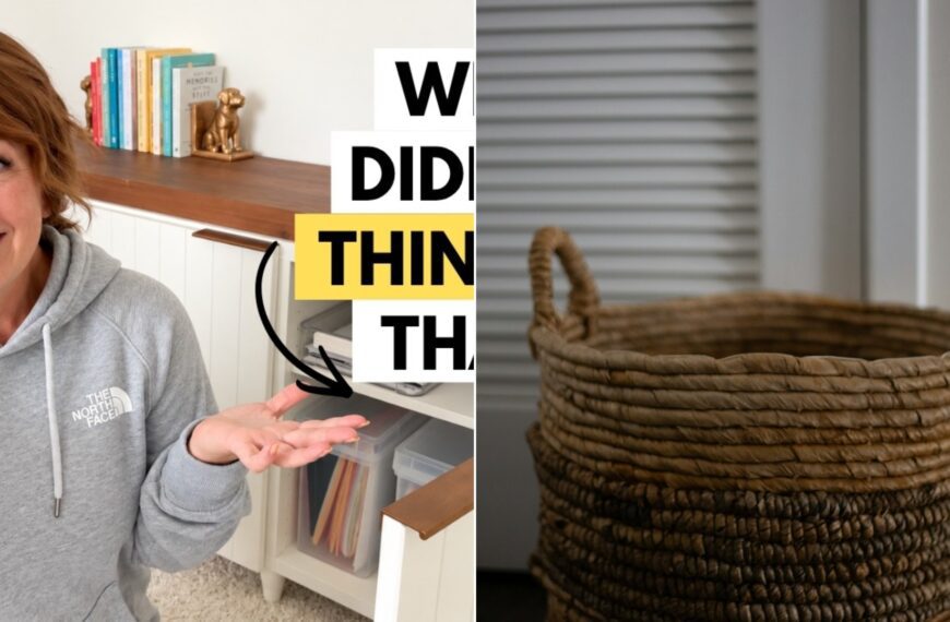 A woven basket on the floor by a door for catching clutter.