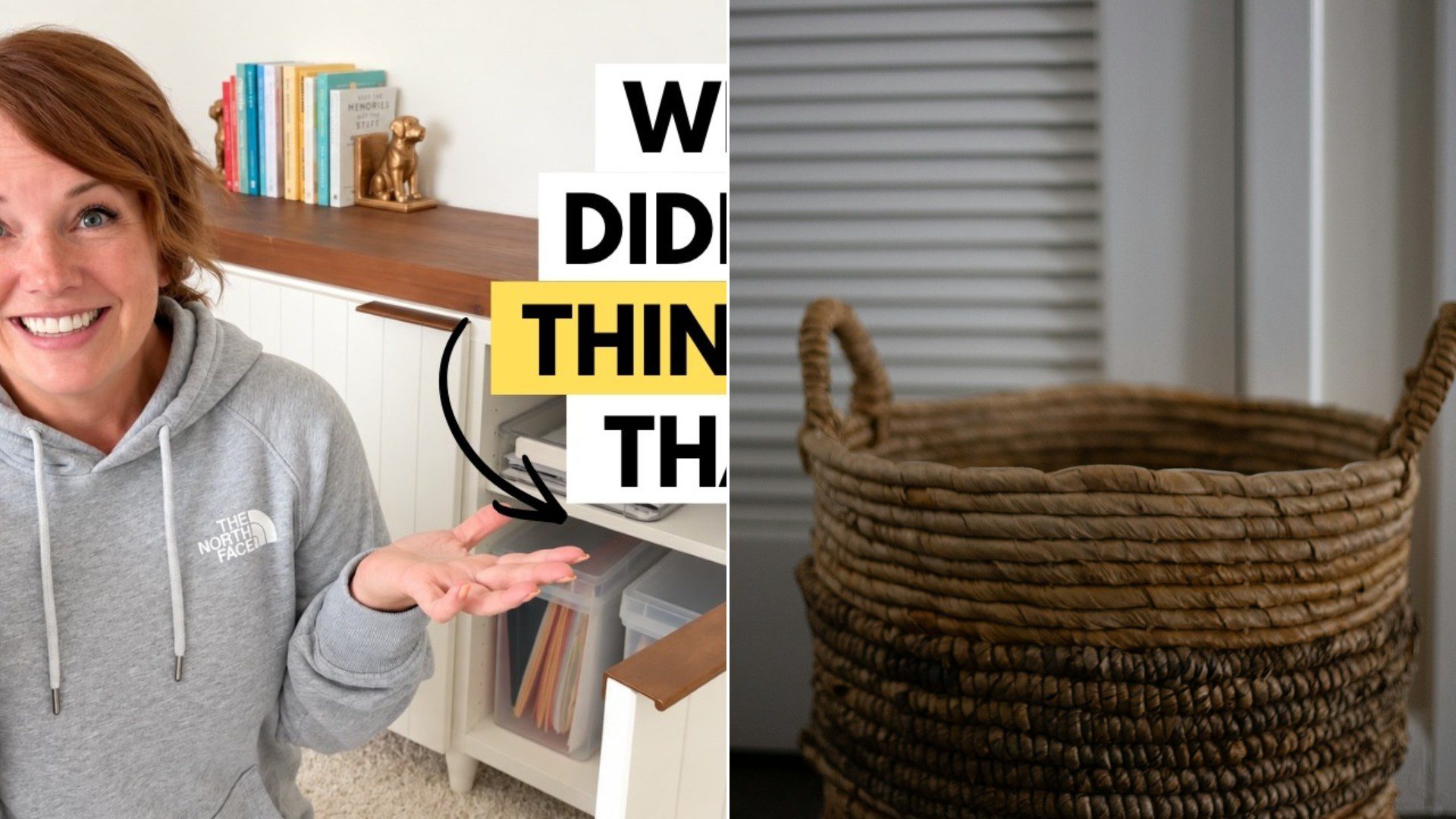 A woven basket on the floor by a door for catching clutter.