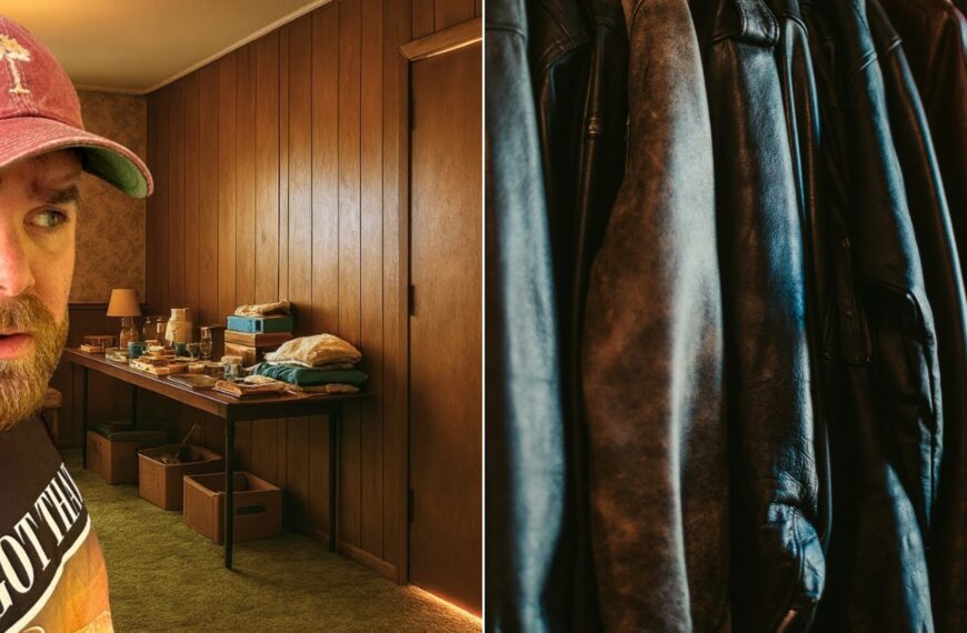 A row of vintage leather jackets hanging on a clothing rack.