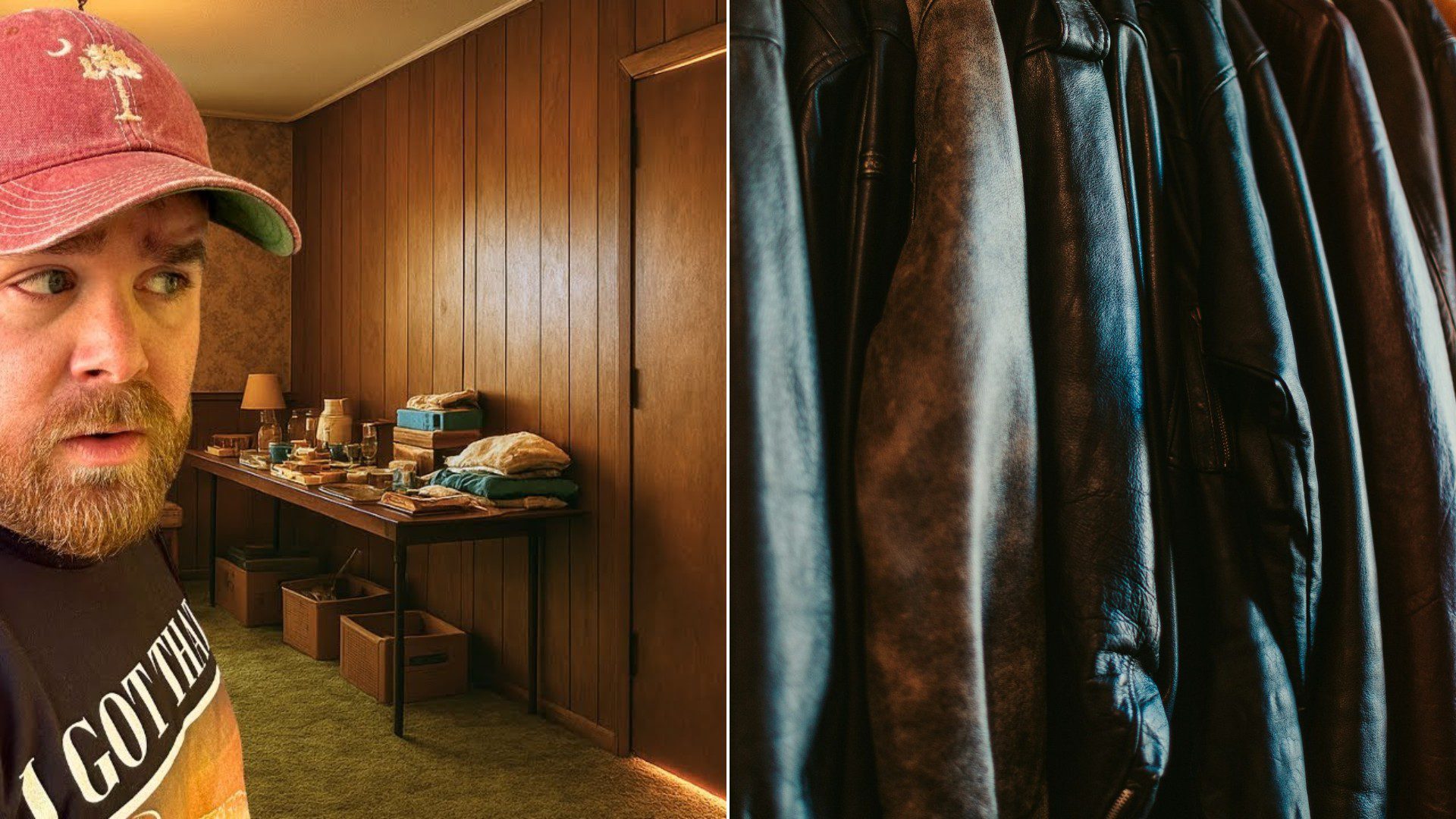 A row of vintage leather jackets hanging on a clothing rack.