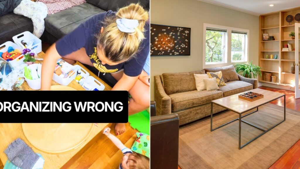 A bright living room with a tidy wooden shelf, a sofa and a coffee table.