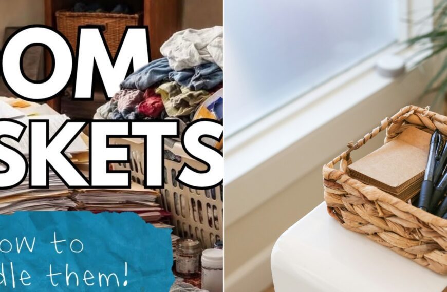 A woven basket holding pens and paper beside a bright window.