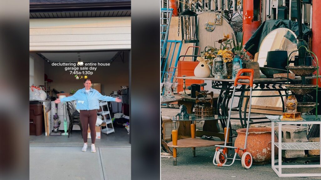 Neighborhood yard sale vlog cover beside a stock photo of a roadside pile of secondhand items.