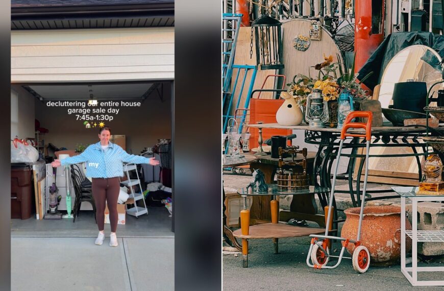 Neighborhood yard sale vlog cover beside a stock photo of a roadside pile of secondhand items.