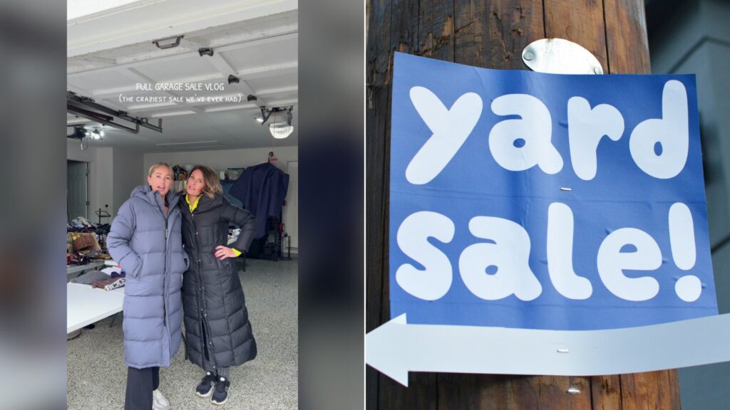 Garage sale vlog cover beside a stock photo of a yard sale sign on a wooden pole.