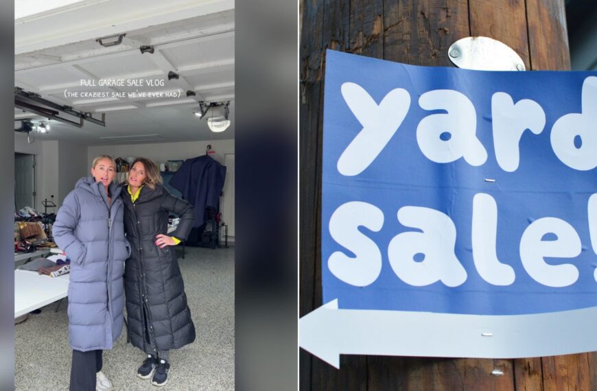 Garage sale vlog cover beside a stock photo of a yard sale sign on a wooden pole.