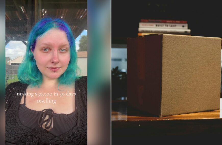 Reseller listing challenge video cover beside a stock photo of a cardboard shipping box on a table.