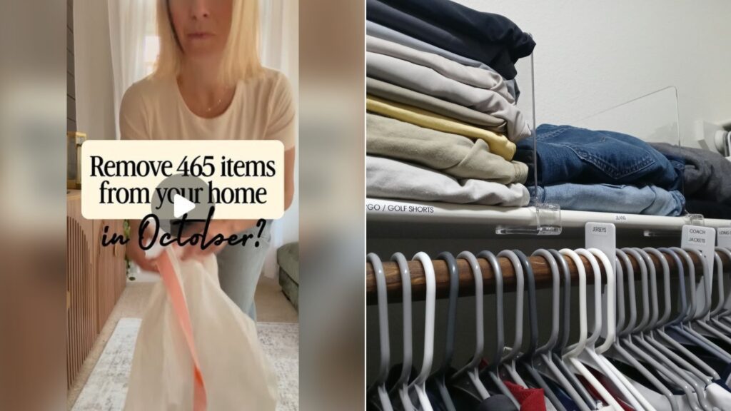 A decluttering reel cover beside a stock photo of folded clothes on a closet shelf.