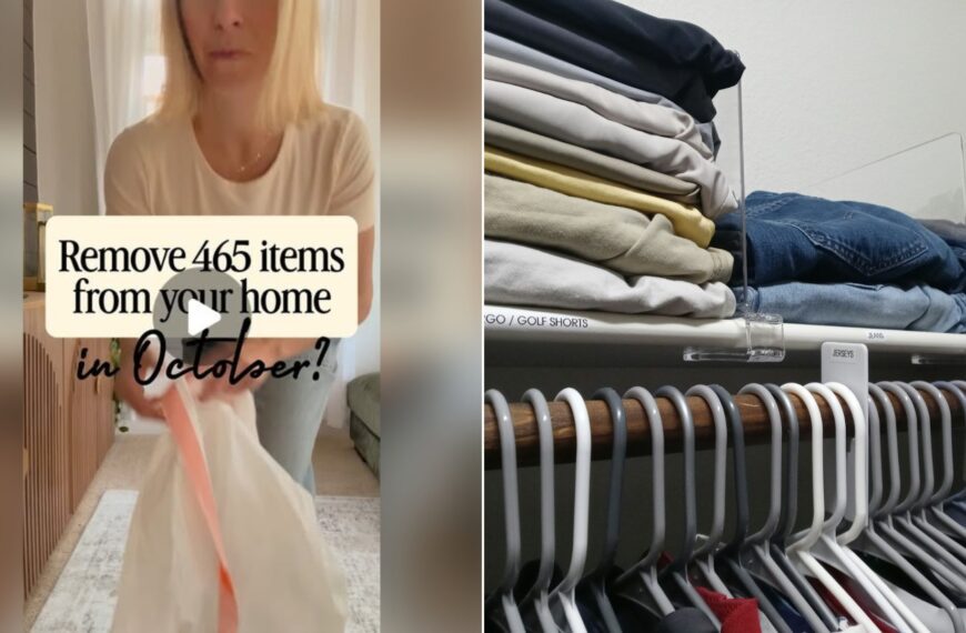 A decluttering reel cover beside a stock photo of folded clothes on a closet shelf.