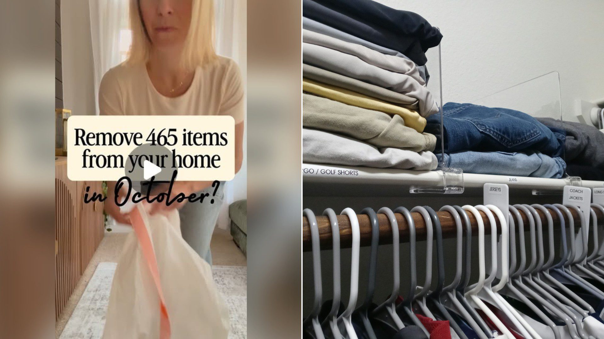 A decluttering reel cover beside a stock photo of folded clothes on a closet shelf.