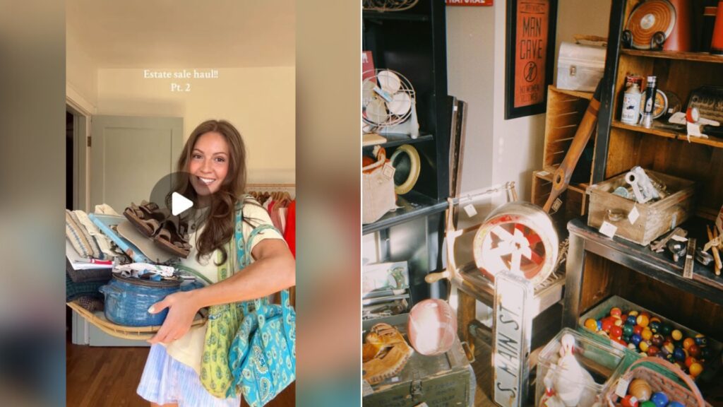 A shopper holding estate sale finds, beside a stock photo of vintage kitchen and collectible items on shelves.