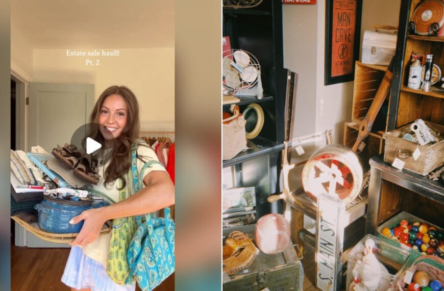 A shopper holding estate sale finds, beside a stock photo of vintage kitchen and collectible items on shelves.