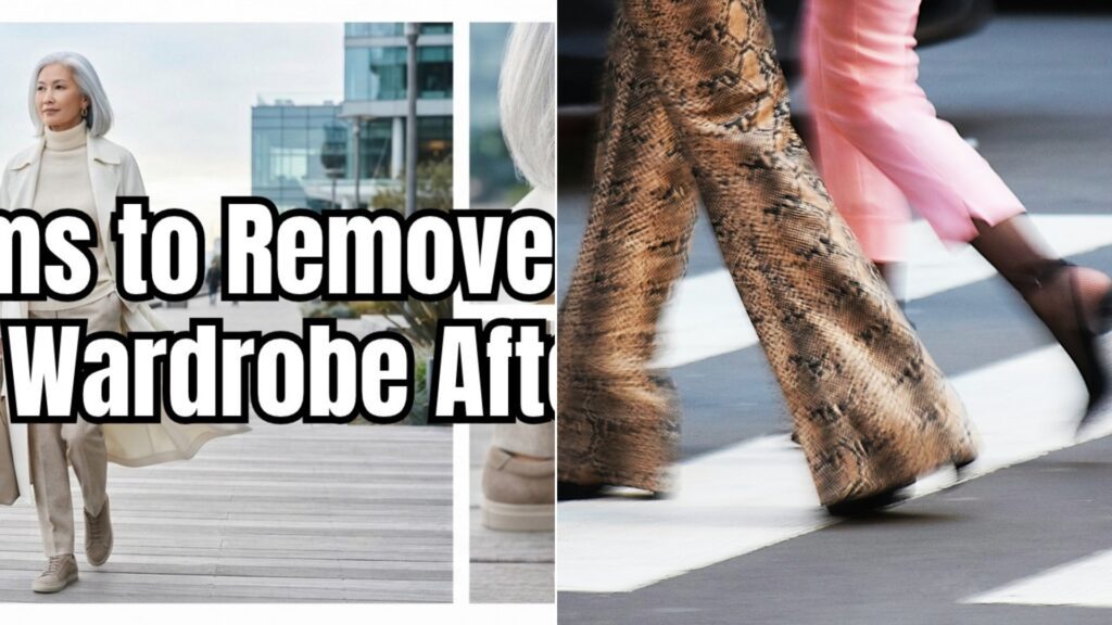 A woman in a long coat beside a close-up of tailored trousers on a city street.