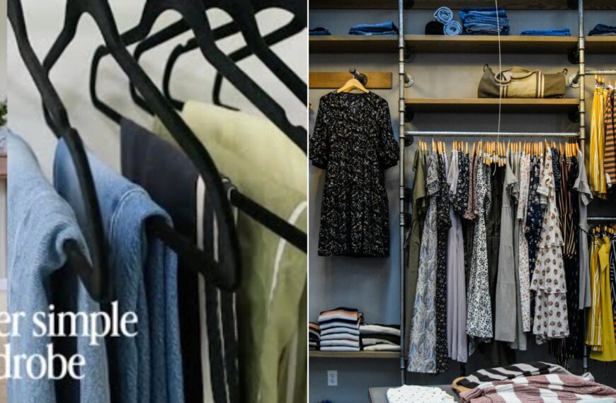 A tidy closet with clothes hanging neatly on a rack beside a pile of folded shirts.