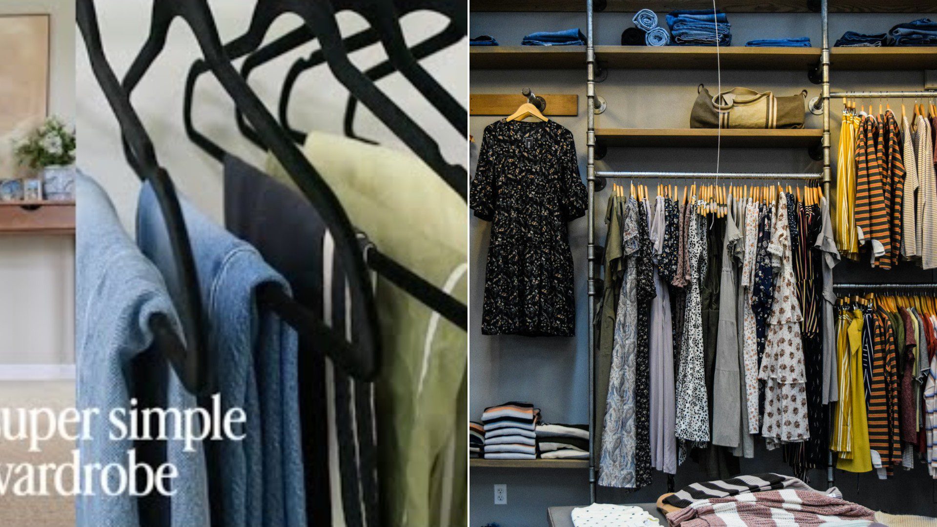 A tidy closet with clothes hanging neatly on a rack beside a pile of folded shirts.