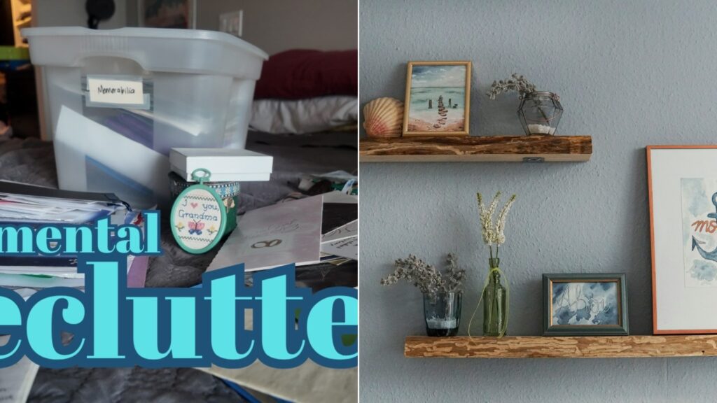 Declutter video cover beside a stock photo of a wooden wall shelf with framed art and dried flowers.
