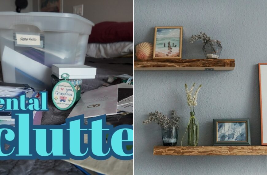 Declutter video cover beside a stock photo of a wooden wall shelf with framed art and dried flowers.