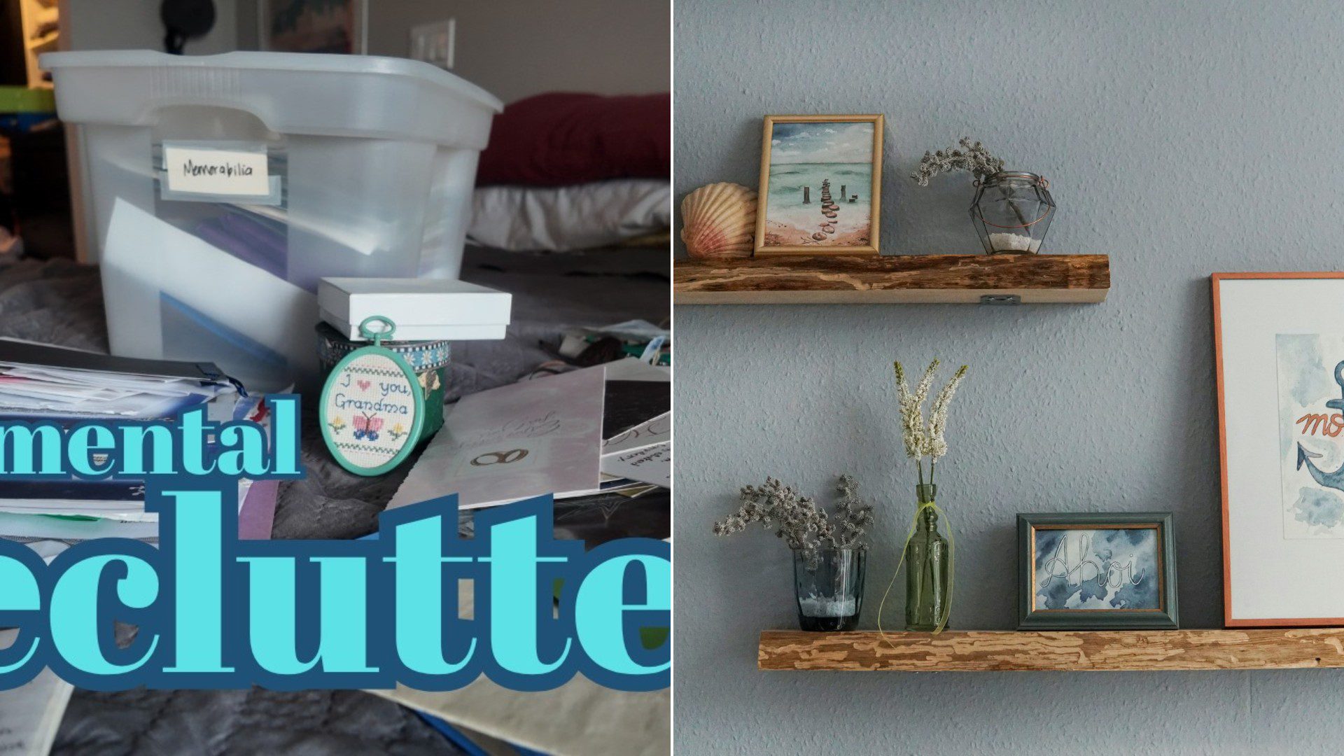 Declutter video cover beside a stock photo of a wooden wall shelf with framed art and dried flowers.