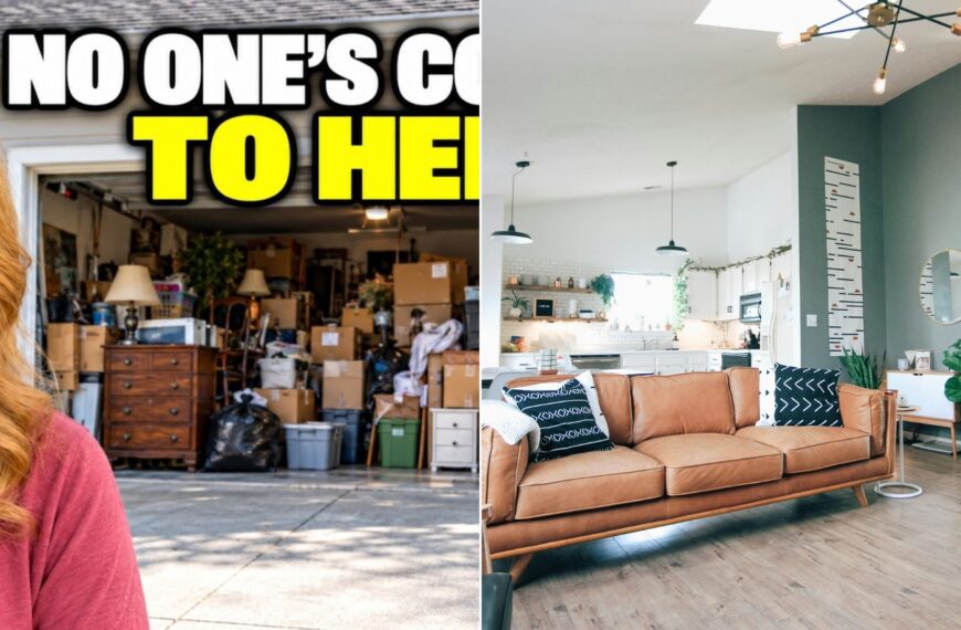 A free home decluttering plan video cover beside a stock photo of a bright, tidy living room.