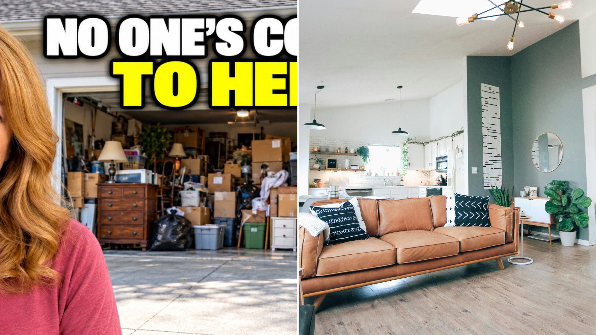 A free home decluttering plan video cover beside a stock photo of a bright, tidy living room.
