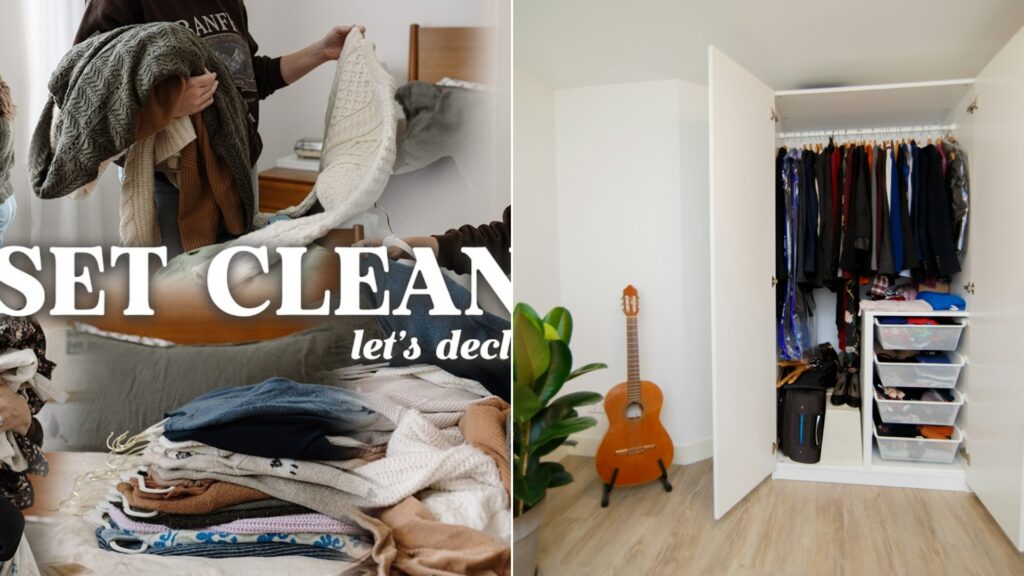 A wardrobe cleanout video cover beside an open white closet with neatly hung clothes and drawers.