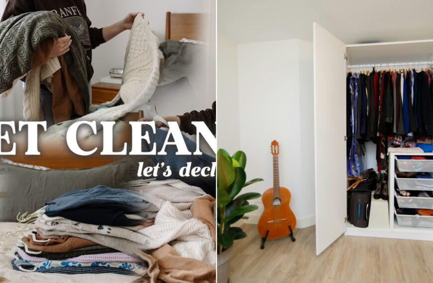 A wardrobe cleanout video cover beside an open white closet with neatly hung clothes and drawers.