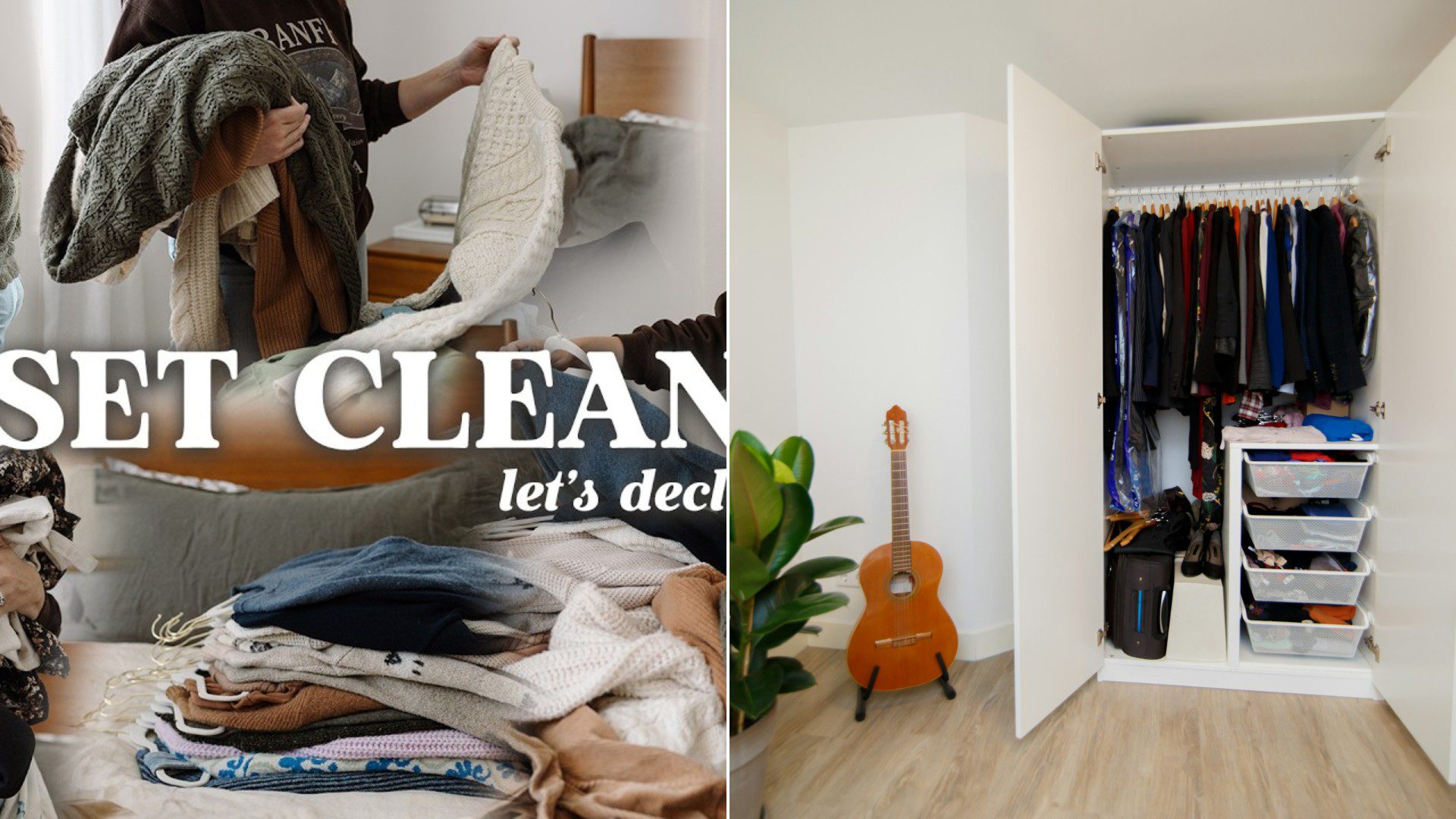 A wardrobe cleanout video cover beside an open white closet with neatly hung clothes and drawers.