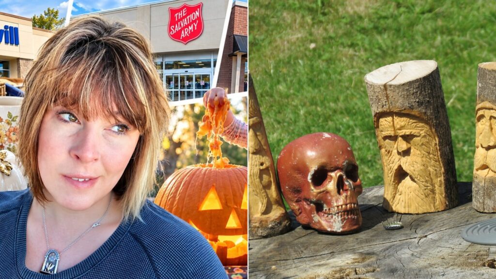 A Goodwill thrift haul video cover beside a stock photo of carved wooden tiki figures and a decorative skull.