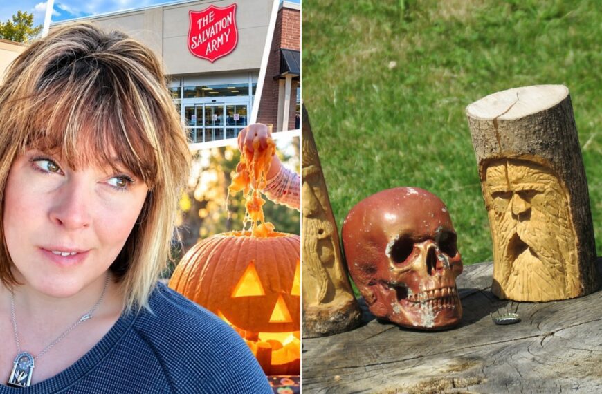 A Goodwill thrift haul video cover beside a stock photo of carved wooden tiki figures and a decorative skull.