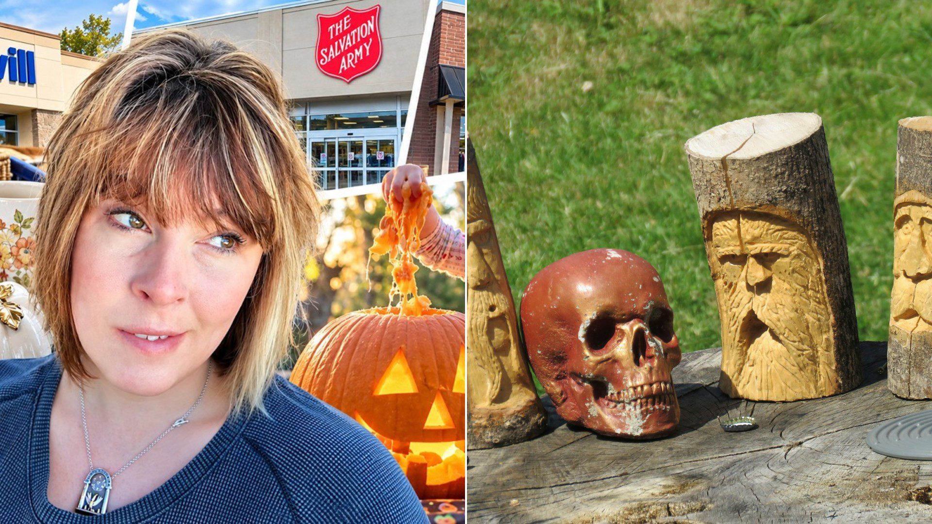 A Goodwill thrift haul video cover beside a stock photo of carved wooden tiki figures and a decorative skull.