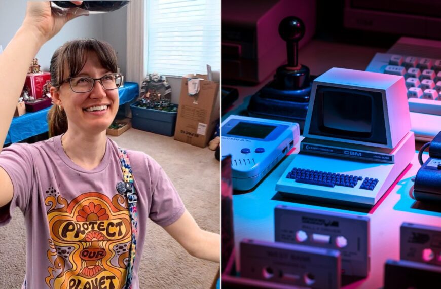 An estate sale haul video cover beside a stock photo of retro video game consoles and games.
