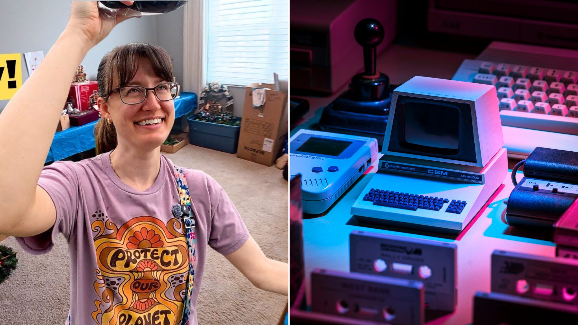 An estate sale haul video cover beside a stock photo of retro video game consoles and games.