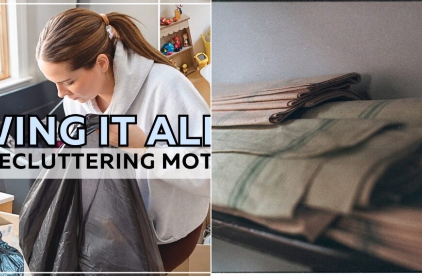 A linen closet makeover video cover beside a stack of neatly folded linens.