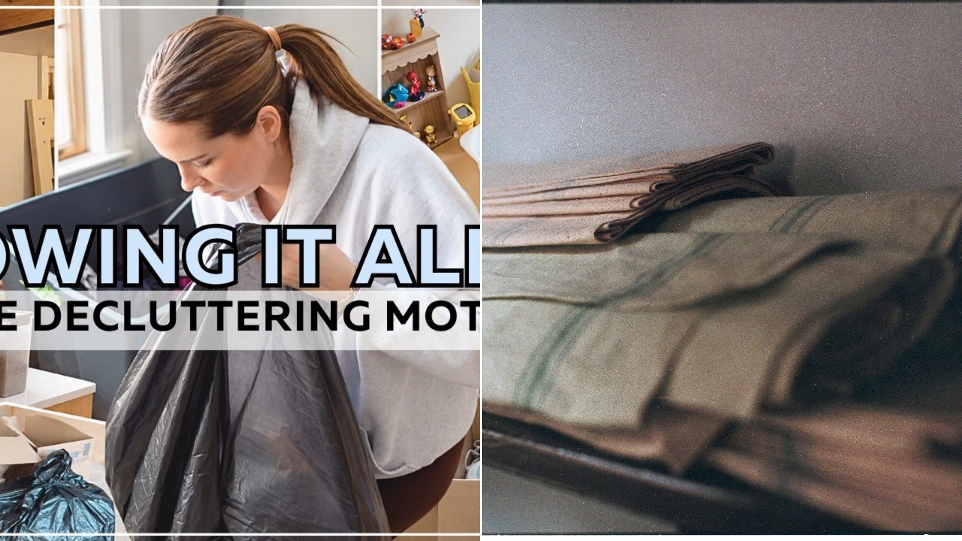A linen closet makeover video cover beside a stack of neatly folded linens.