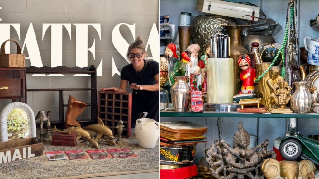 An estate sale find video cover beside a stock photo of a cozy living room with shelves and decor.