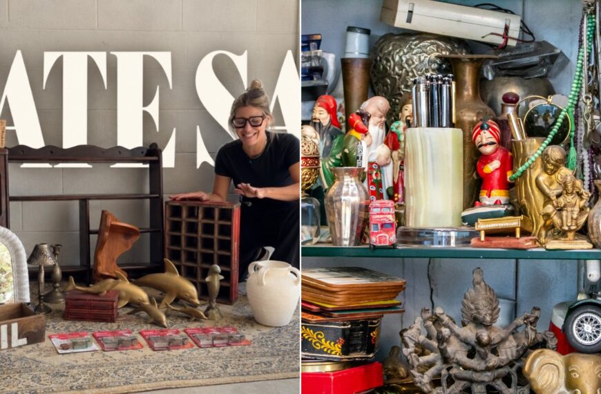 An estate sale find video cover beside a stock photo of a cozy living room with shelves and decor.