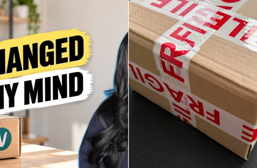 A reseller's Vinted versus Poshmark video cover beside a stock photo of a taped fragile shipping box.