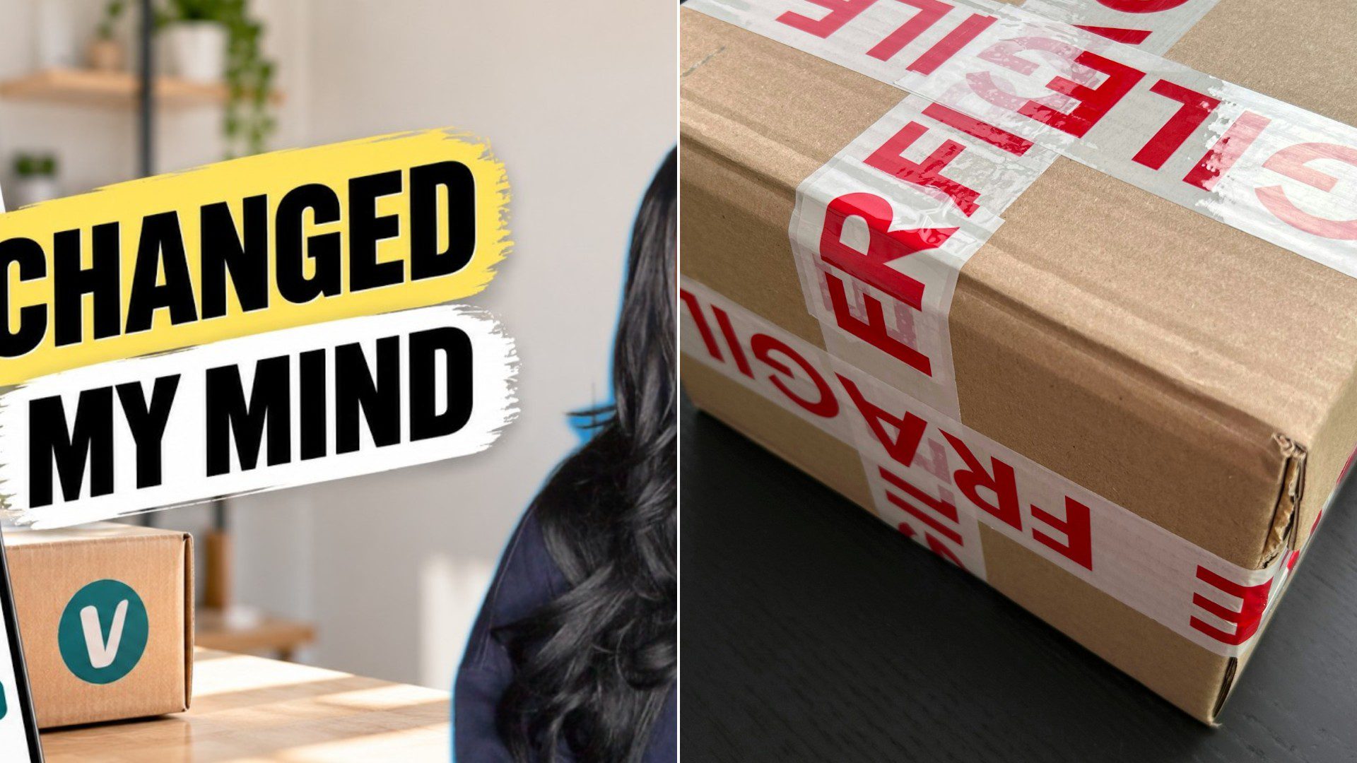 A reseller's Vinted versus Poshmark video cover beside a stock photo of a taped fragile shipping box.